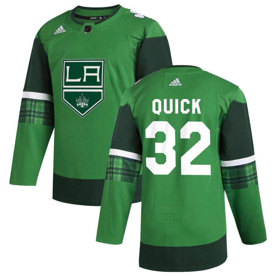 Los Angeles Kings 32 Jonathan Quick Men Adidas 2020 St. Patrick Day Stitched NHL Jersey Green.jpg